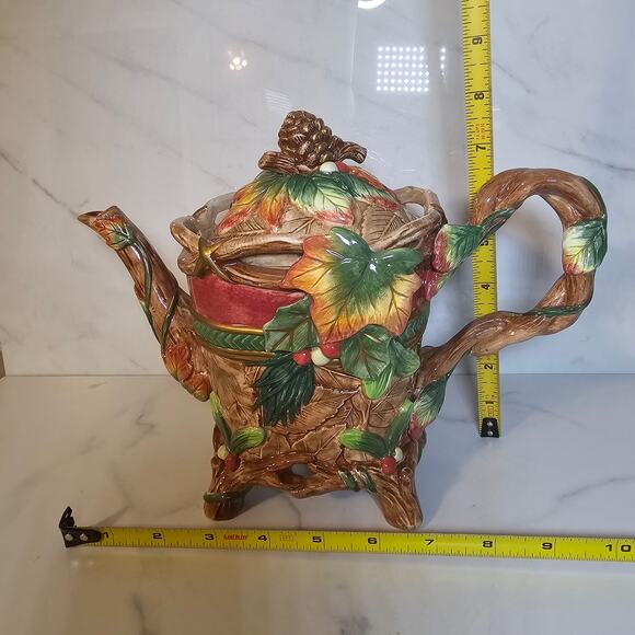 Fitz and Floyd Trio Christmas Lodge Fall Pinecone Leaf Tea Pot Plate and Bowl - Picture 10 of 10